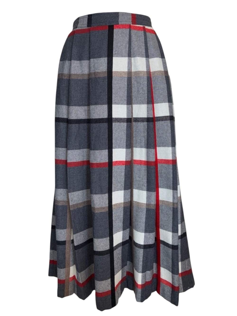 Chaus Pleated Plaid Midi Skirt, women's 12, Gray with Red, wool blend. VTG Euc